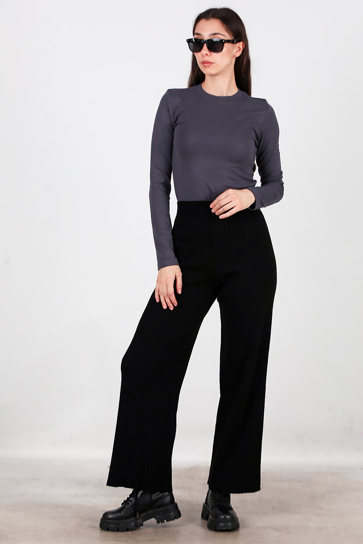 Kadın Kalın Fitilli Triko Pantolon Siyah