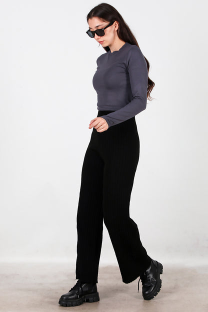 Kadın Kalın Fitilli Triko Pantolon Siyah