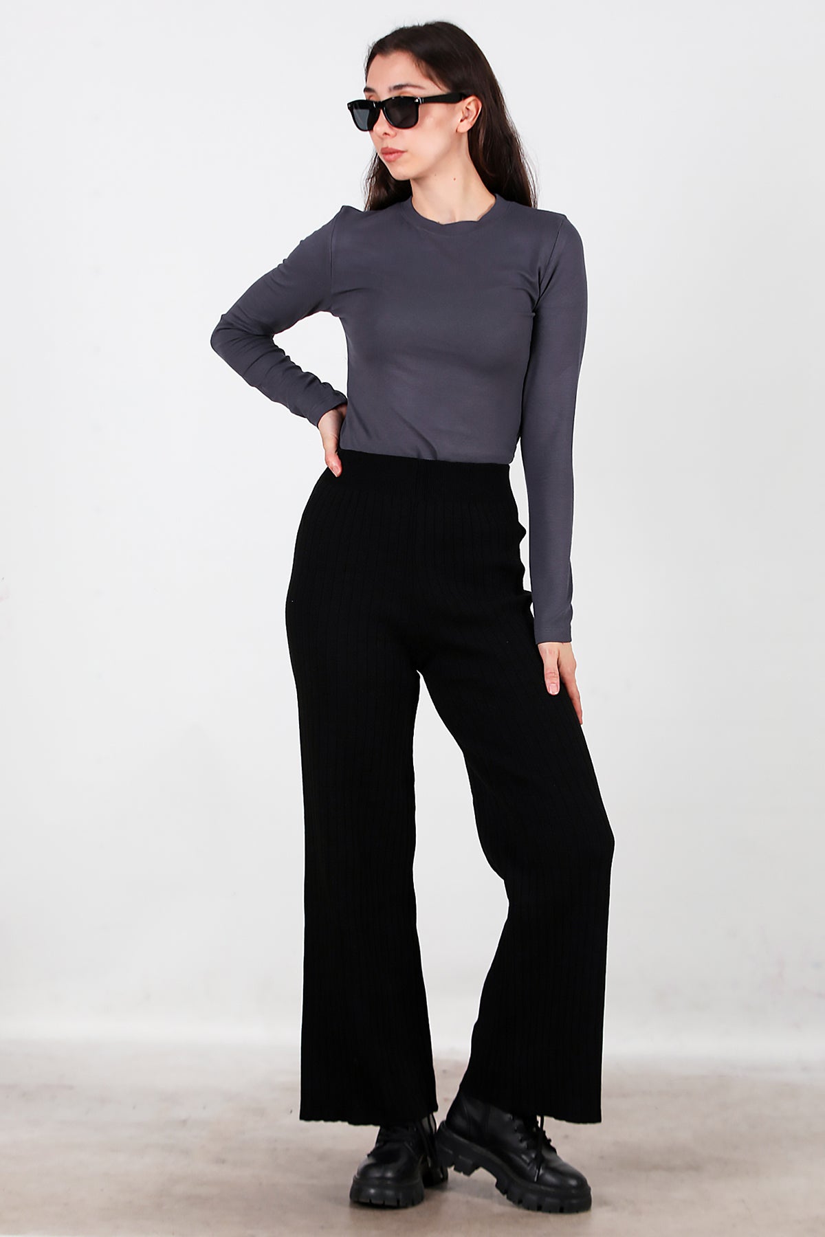 Kadın Kalın Fitilli Triko Pantolon Siyah