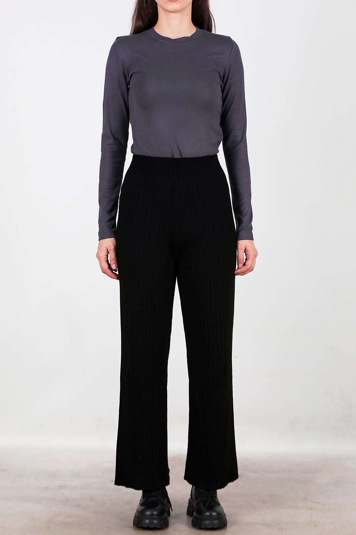 Kadın Kalın Fitilli Triko Pantolon Siyah