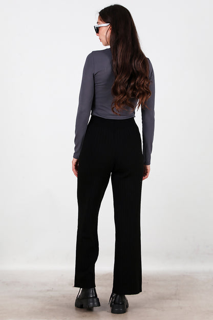 Kadın Kalın Fitilli Triko Pantolon Siyah