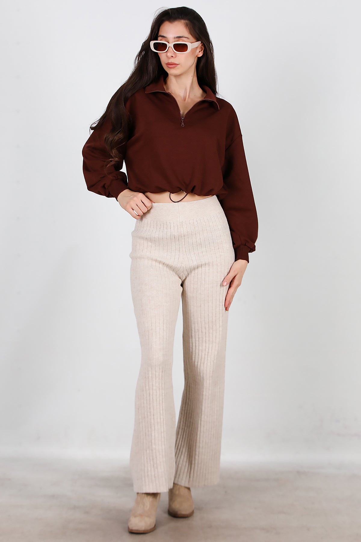 Kadın Kalın Fitilli Triko Pantolon Taş