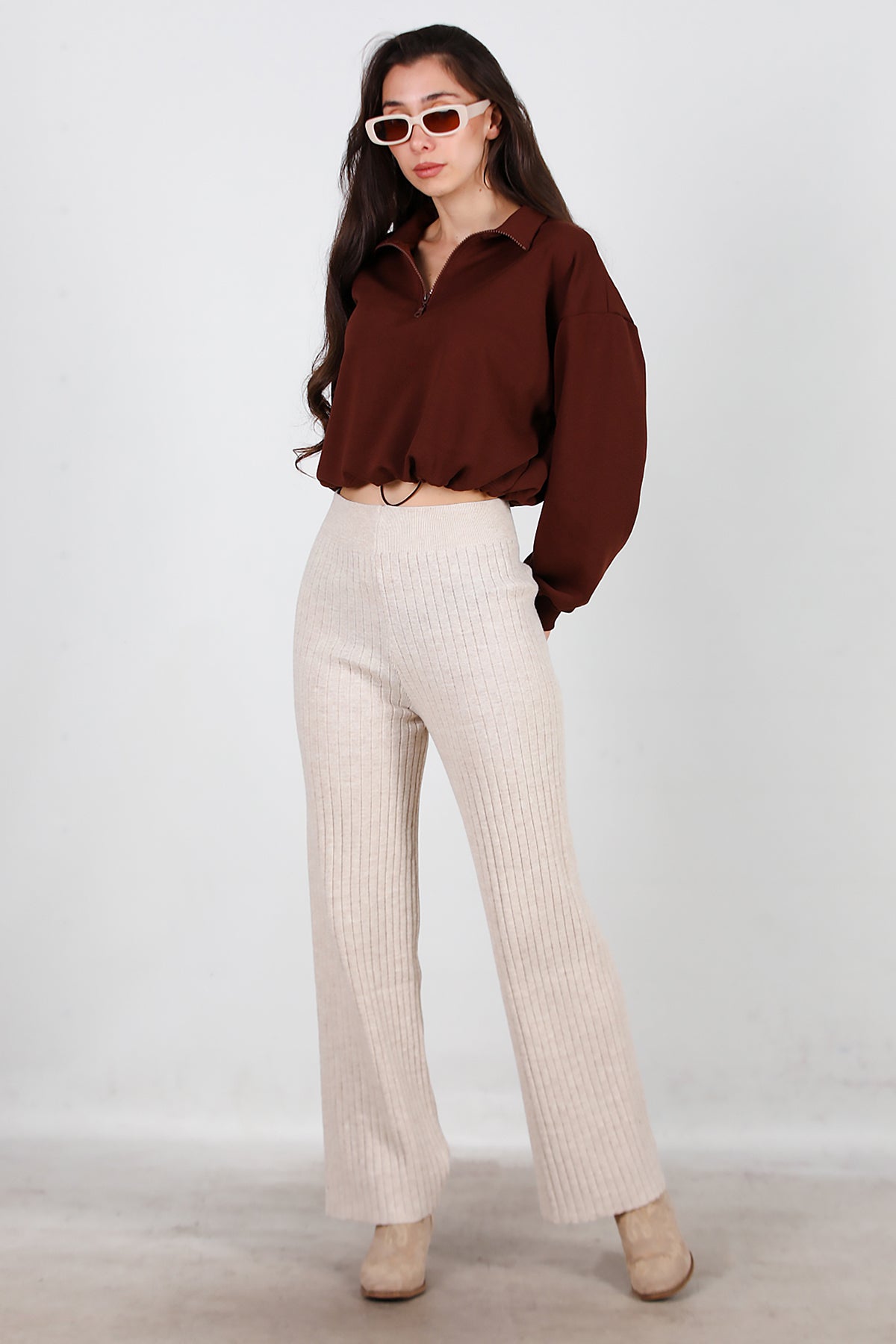 Kadın Kalın Fitilli Triko Pantolon Taş