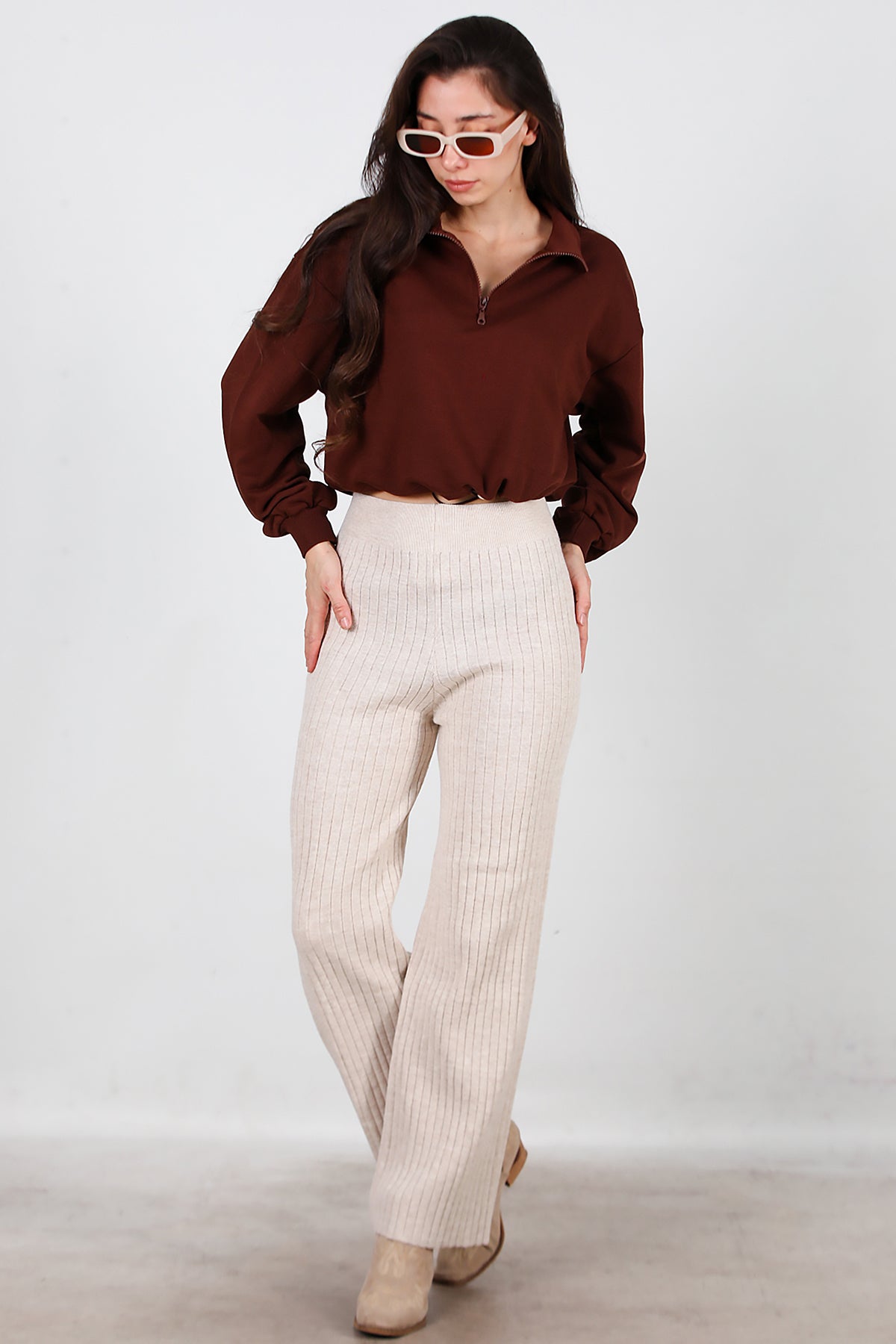 Kadın Kalın Fitilli Triko Pantolon Taş