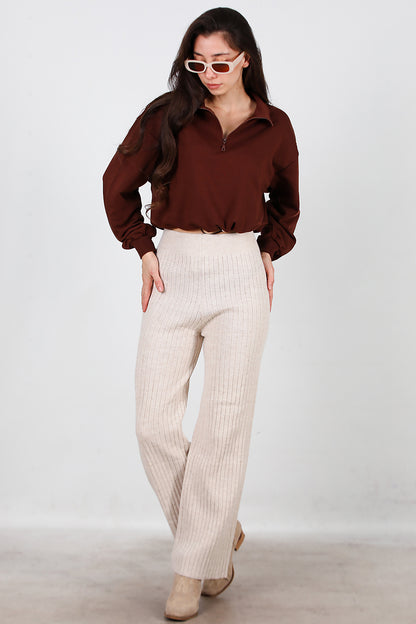 Kadın Kalın Fitilli Triko Pantolon Taş