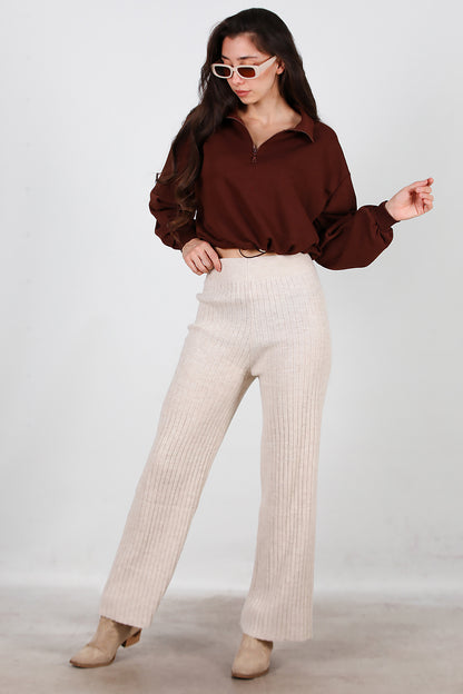 Kadın Kalın Fitilli Triko Pantolon Taş