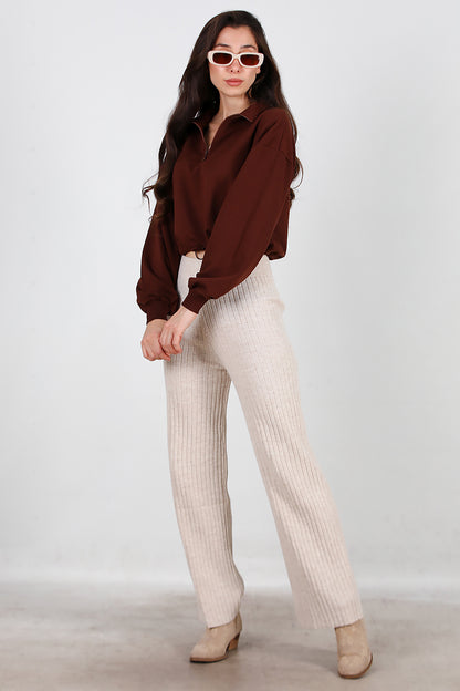 Kadın Kalın Fitilli Triko Pantolon Taş