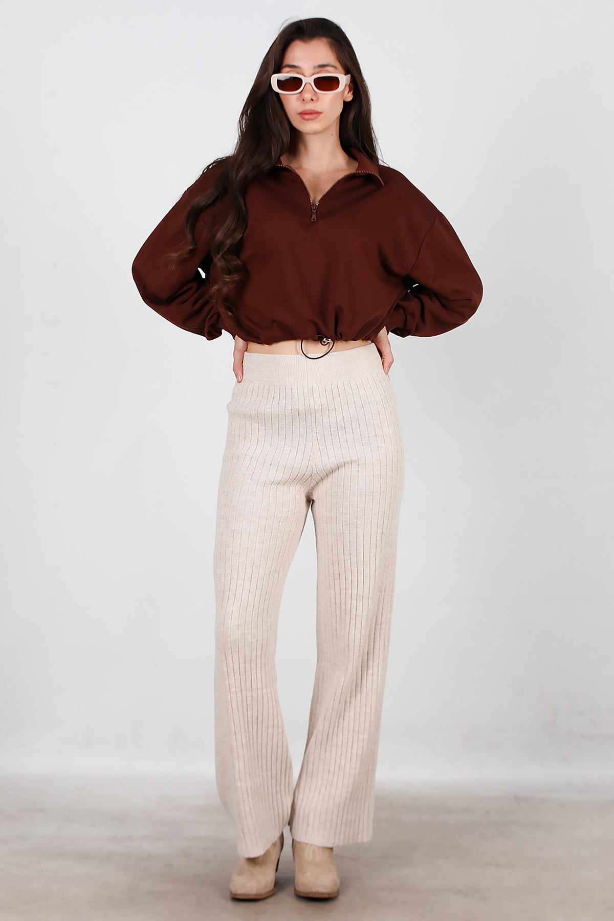 Kadın Kalın Fitilli Triko Pantolon Taş