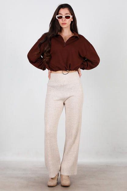 Kadın Kalın Fitilli Triko Pantolon Taş