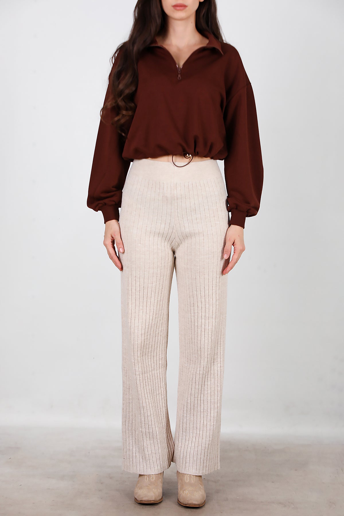 Kadın Kalın Fitilli Triko Pantolon Taş