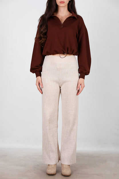 Kadın Kalın Fitilli Triko Pantolon Taş