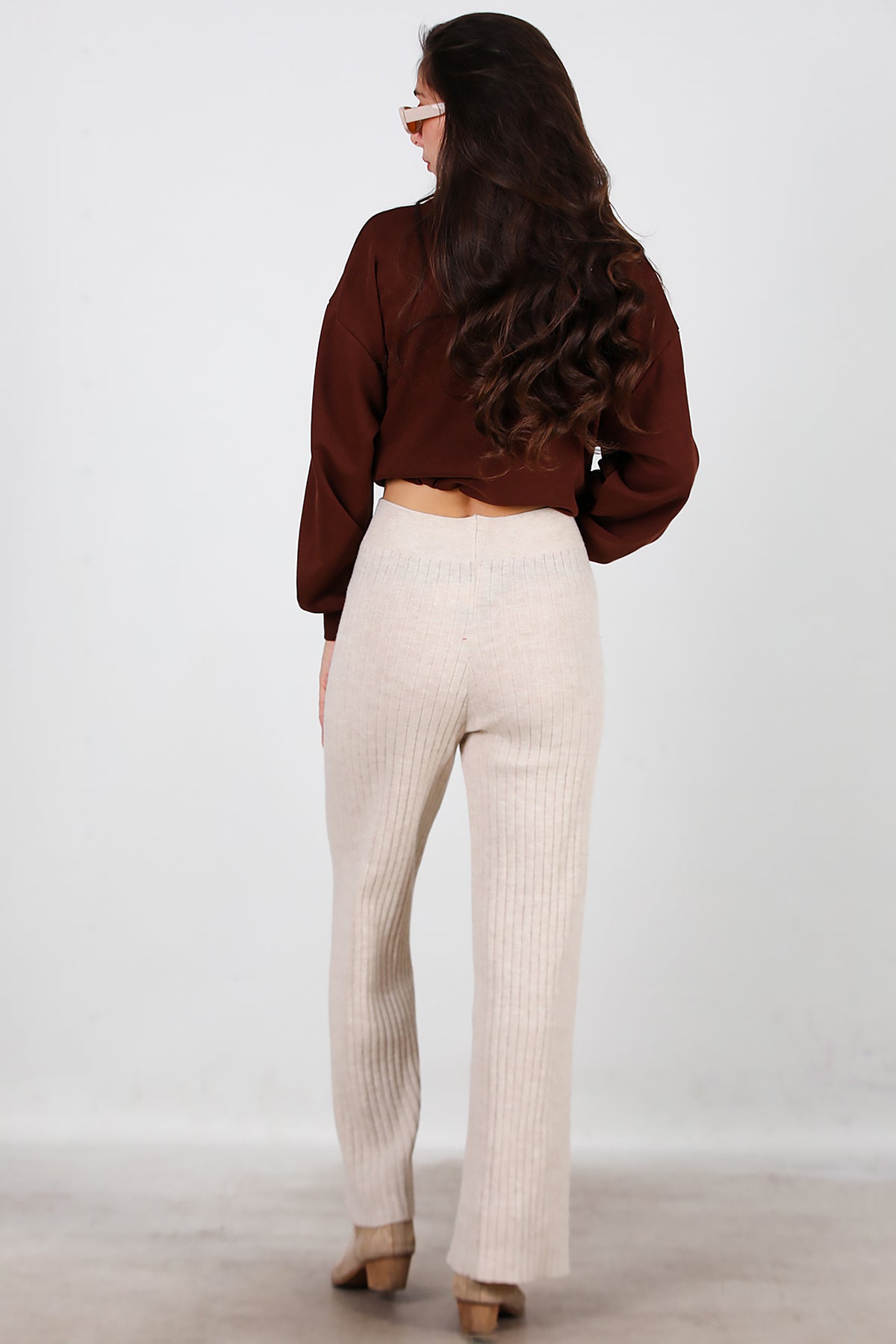 Kadın Kalın Fitilli Triko Pantolon Taş