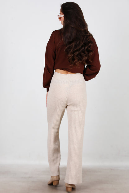 Kadın Kalın Fitilli Triko Pantolon Taş