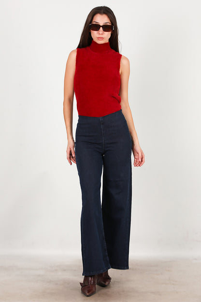 Kadın Bel Lastikli Bol Paça Kot Pantolon Lacivert