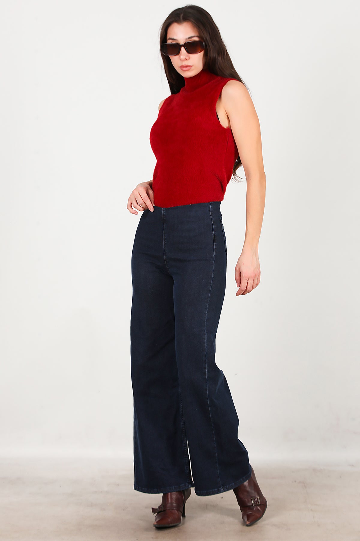 Kadın Bel Lastikli Bol Paça Kot Pantolon Lacivert