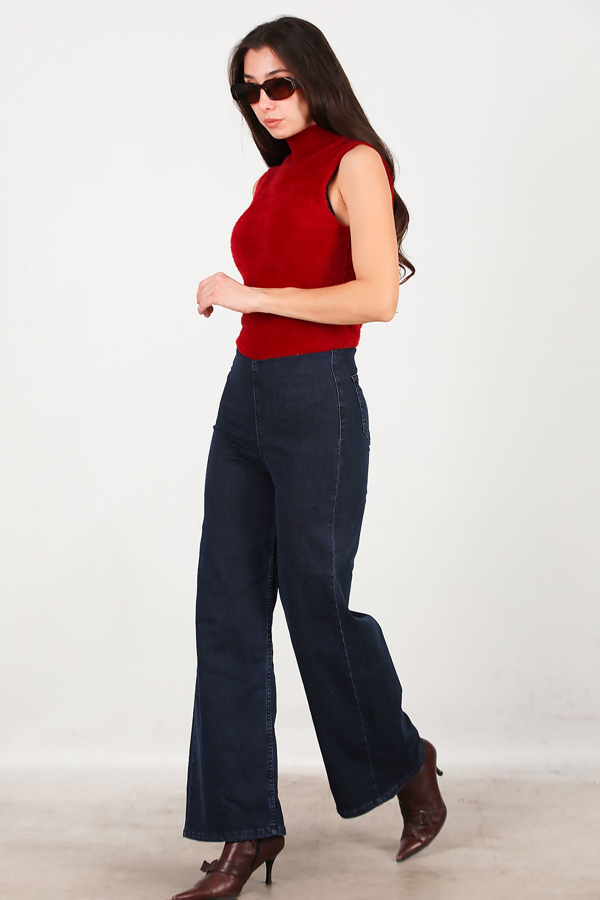 Kadın Bel Lastikli Bol Paça Kot Pantolon Lacivert