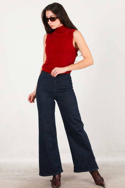 Kadın Bel Lastikli Bol Paça Kot Pantolon Lacivert