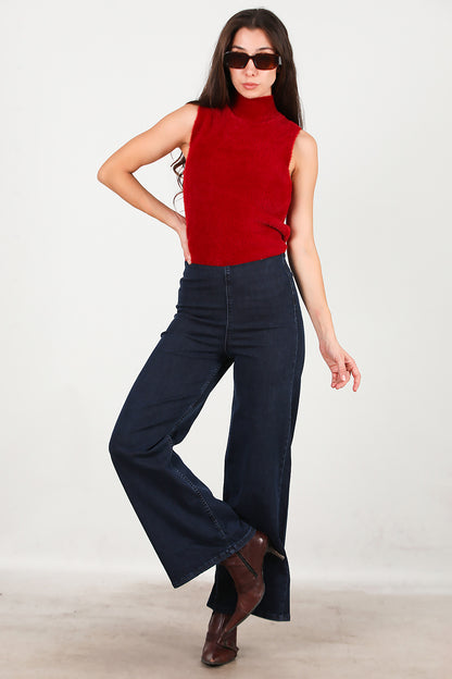 Kadın Bel Lastikli Bol Paça Kot Pantolon Lacivert