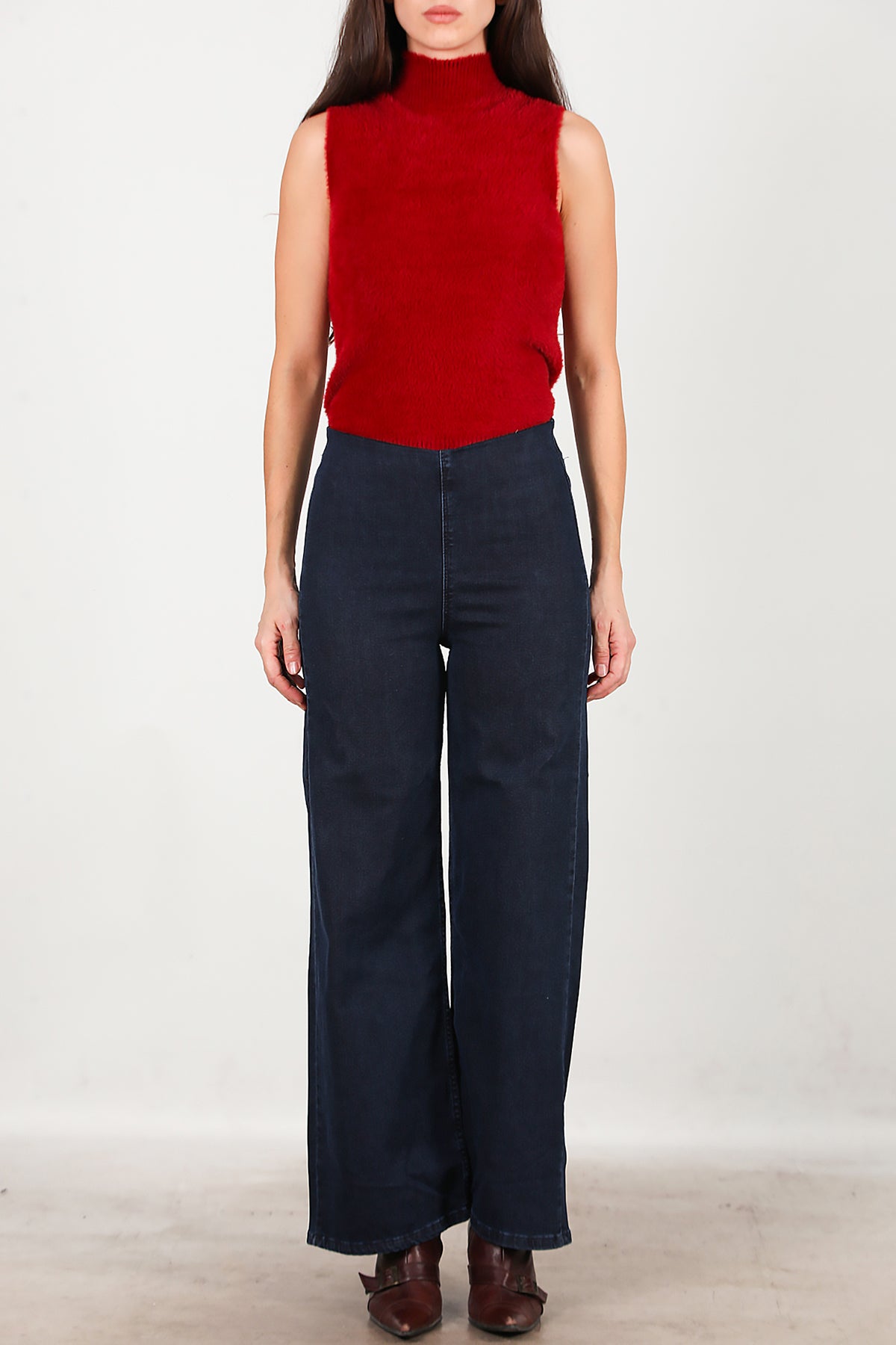 Kadın Bel Lastikli Bol Paça Kot Pantolon Lacivert