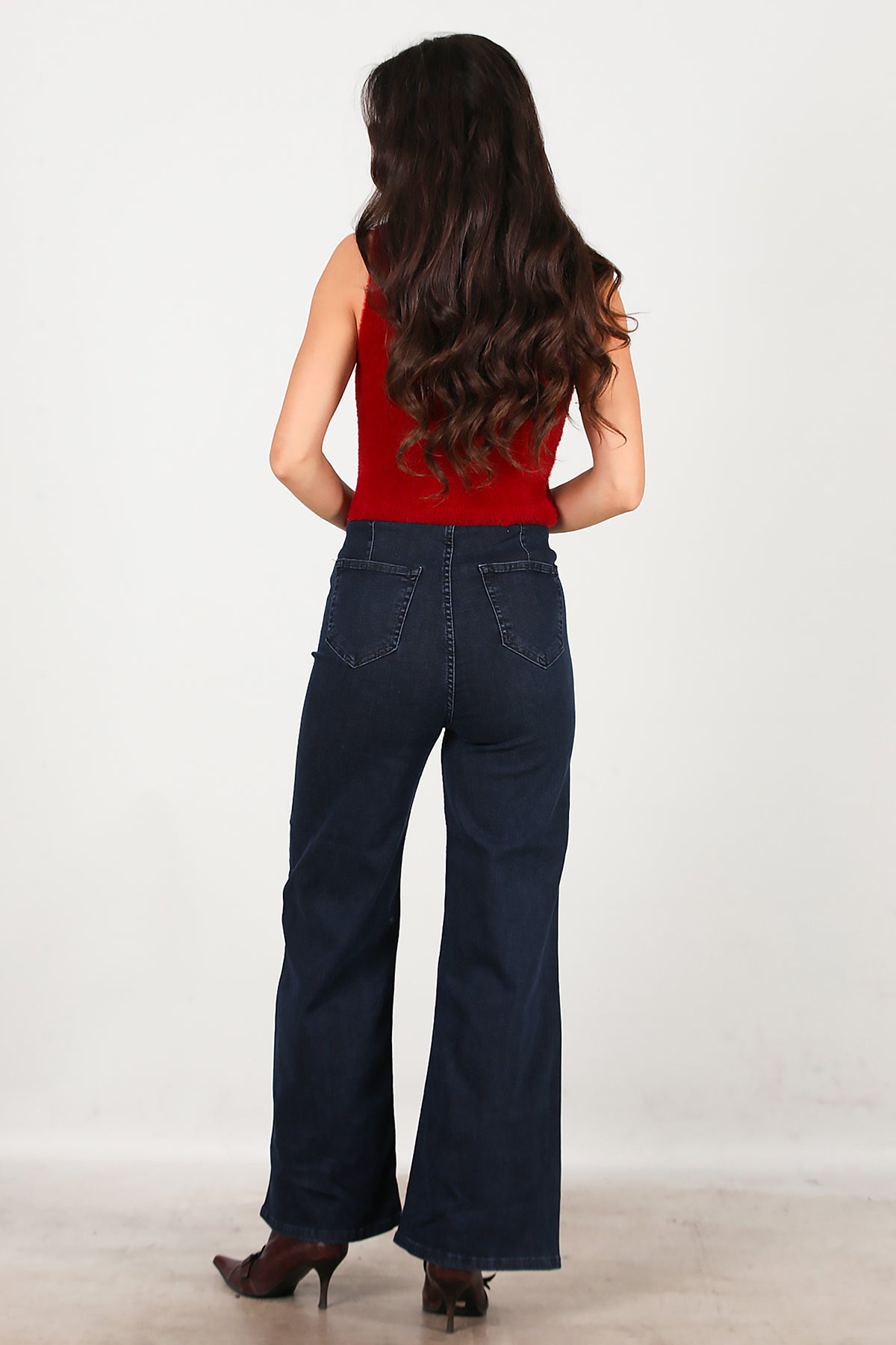 Kadın Bel Lastikli Bol Paça Kot Pantolon Lacivert