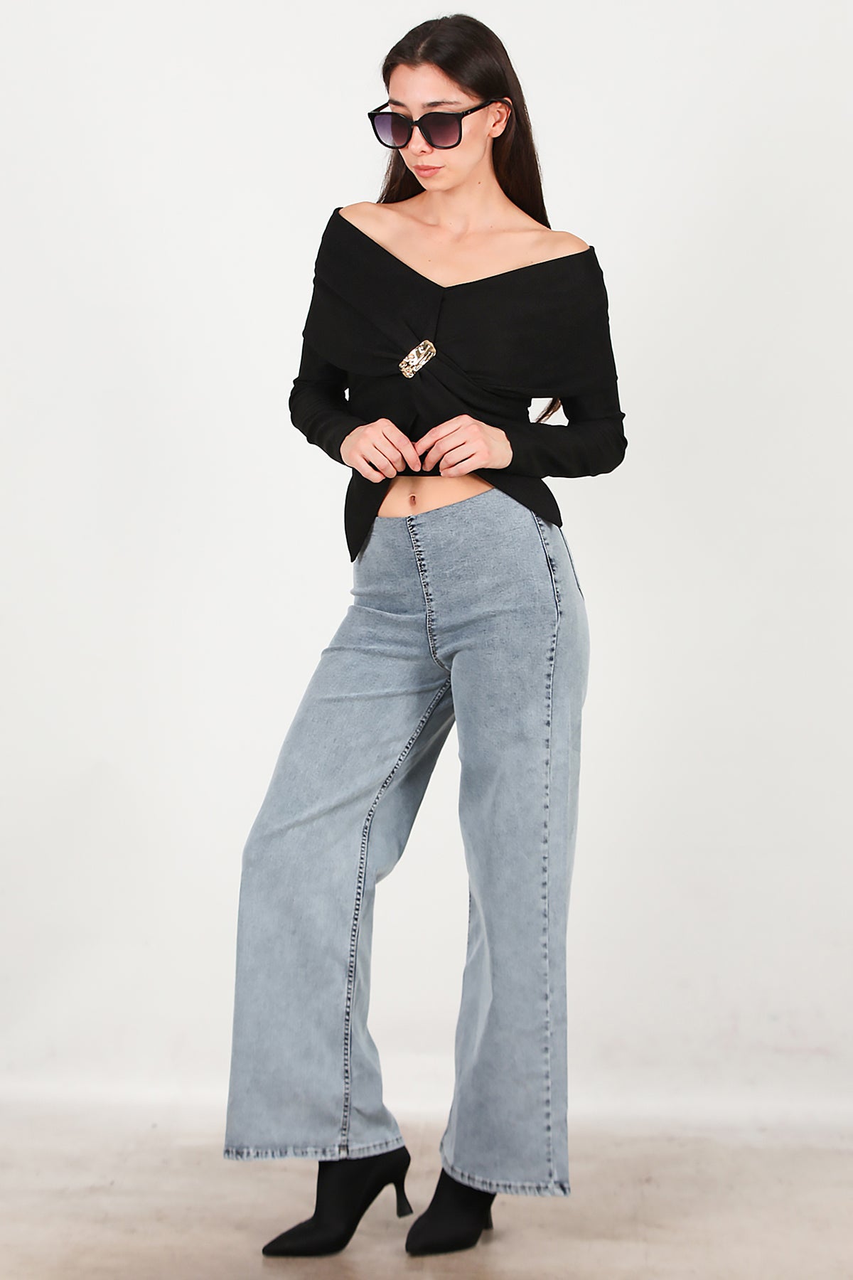 Kadın Bel Lastikli Bol Paça Kot Pantolon Mavi