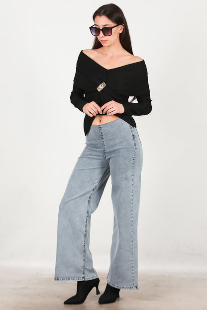 Kadın Bel Lastikli Bol Paça Kot Pantolon Mavi