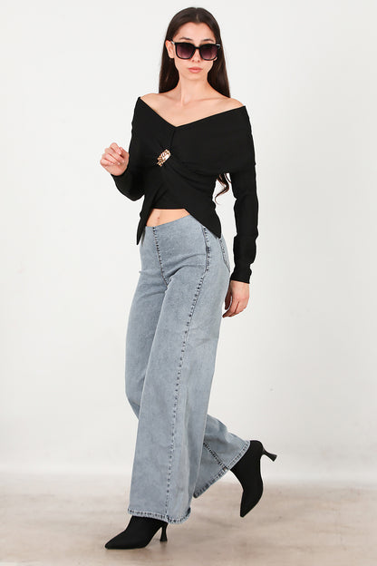 Kadın Bel Lastikli Bol Paça Kot Pantolon Mavi