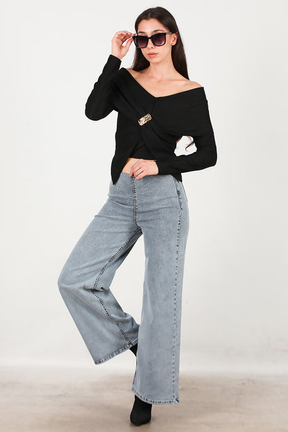 Kadın Bel Lastikli Bol Paça Kot Pantolon Mavi