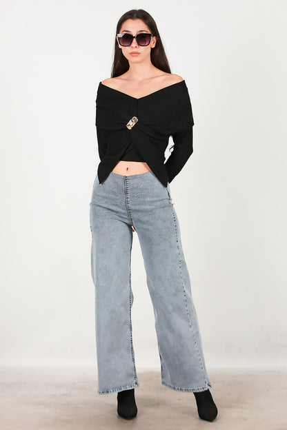 Kadın Bel Lastikli Bol Paça Kot Pantolon Mavi