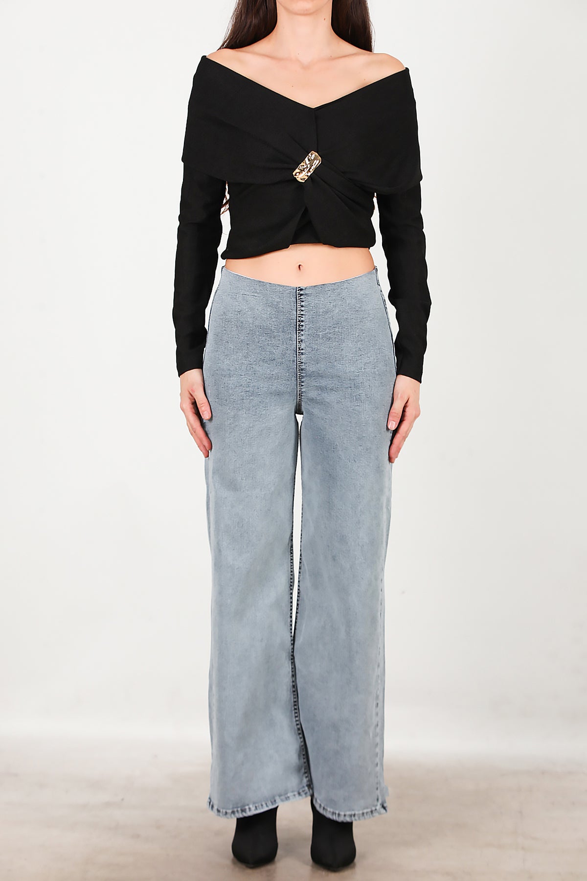 Kadın Bel Lastikli Bol Paça Kot Pantolon Mavi