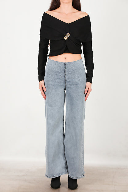 Kadın Bel Lastikli Bol Paça Kot Pantolon Mavi