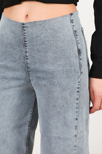 Kadın Bel Lastikli Bol Paça Kot Pantolon Mavi