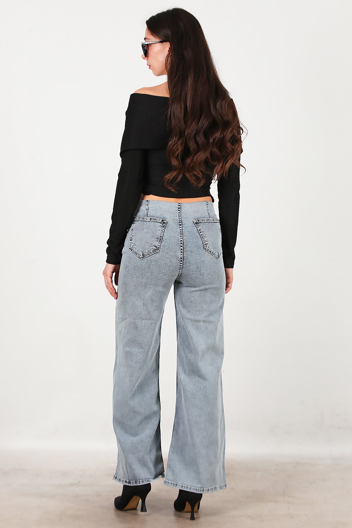 Kadın Bel Lastikli Bol Paça Kot Pantolon Mavi