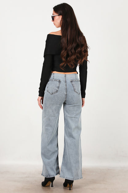 Kadın Bel Lastikli Bol Paça Kot Pantolon Mavi