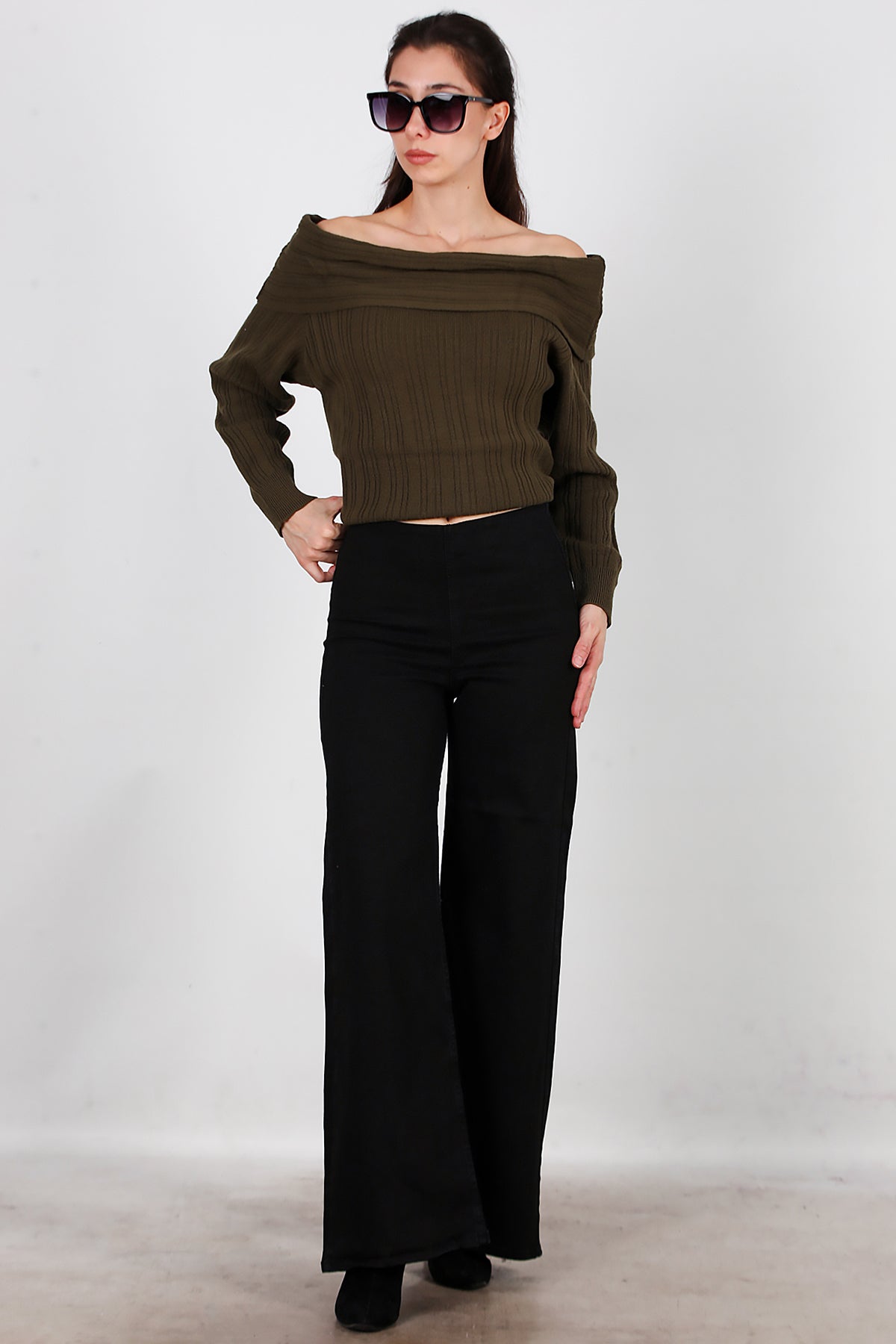 Kadın Bel Lastikli Bol Paça Kot Pantolon Siyah