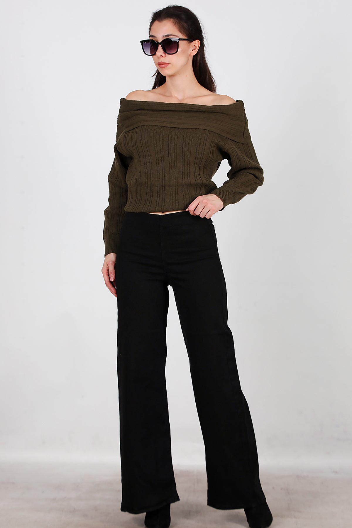 Kadın Bel Lastikli Bol Paça Kot Pantolon Siyah