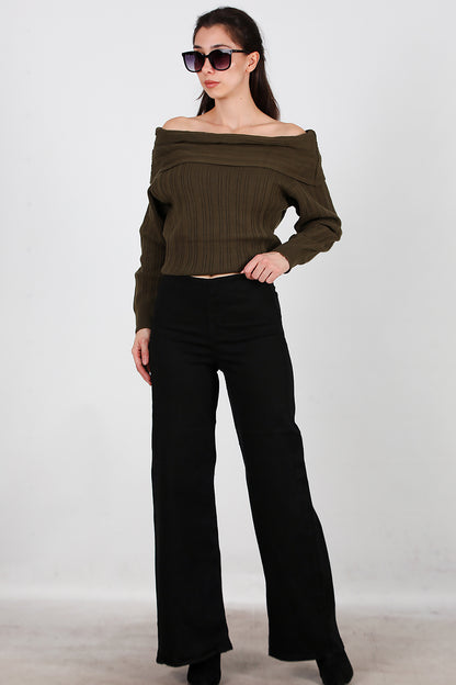 Kadın Bel Lastikli Bol Paça Kot Pantolon Siyah