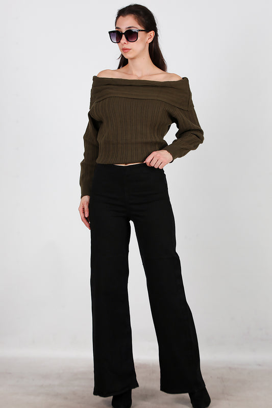 Kadın Bel Lastikli Bol Paça Kot Pantolon Siyah