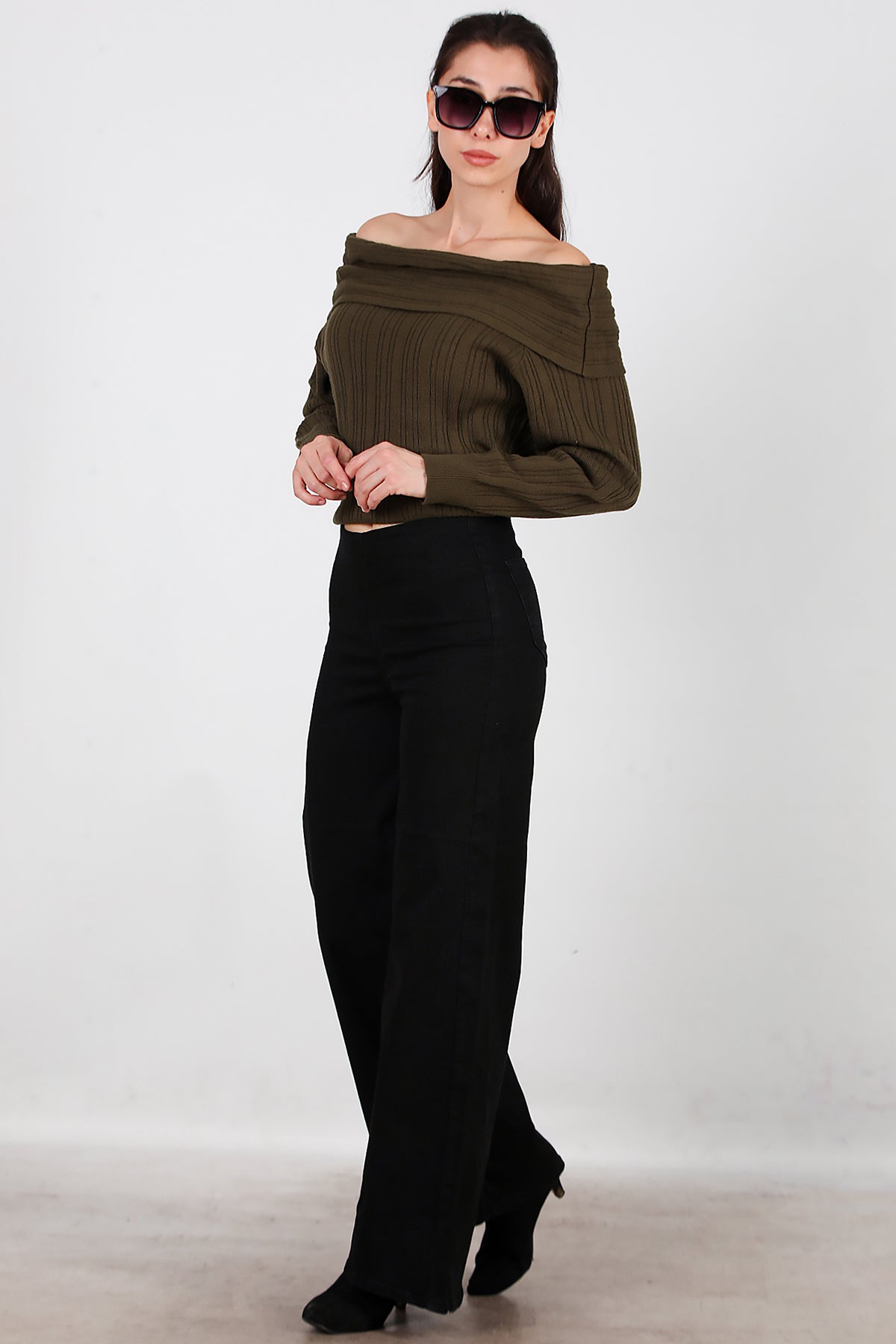 Kadın Bel Lastikli Bol Paça Kot Pantolon Siyah