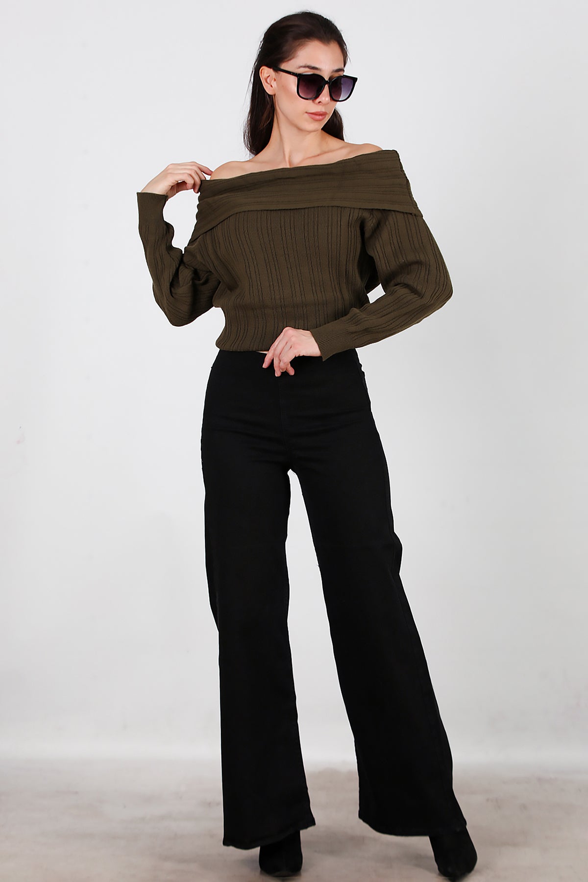 Kadın Bel Lastikli Bol Paça Kot Pantolon Siyah