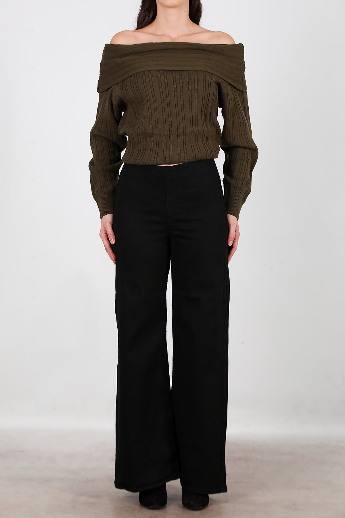 Kadın Bel Lastikli Bol Paça Kot Pantolon Siyah