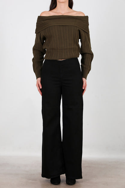 Kadın Bel Lastikli Bol Paça Kot Pantolon Siyah