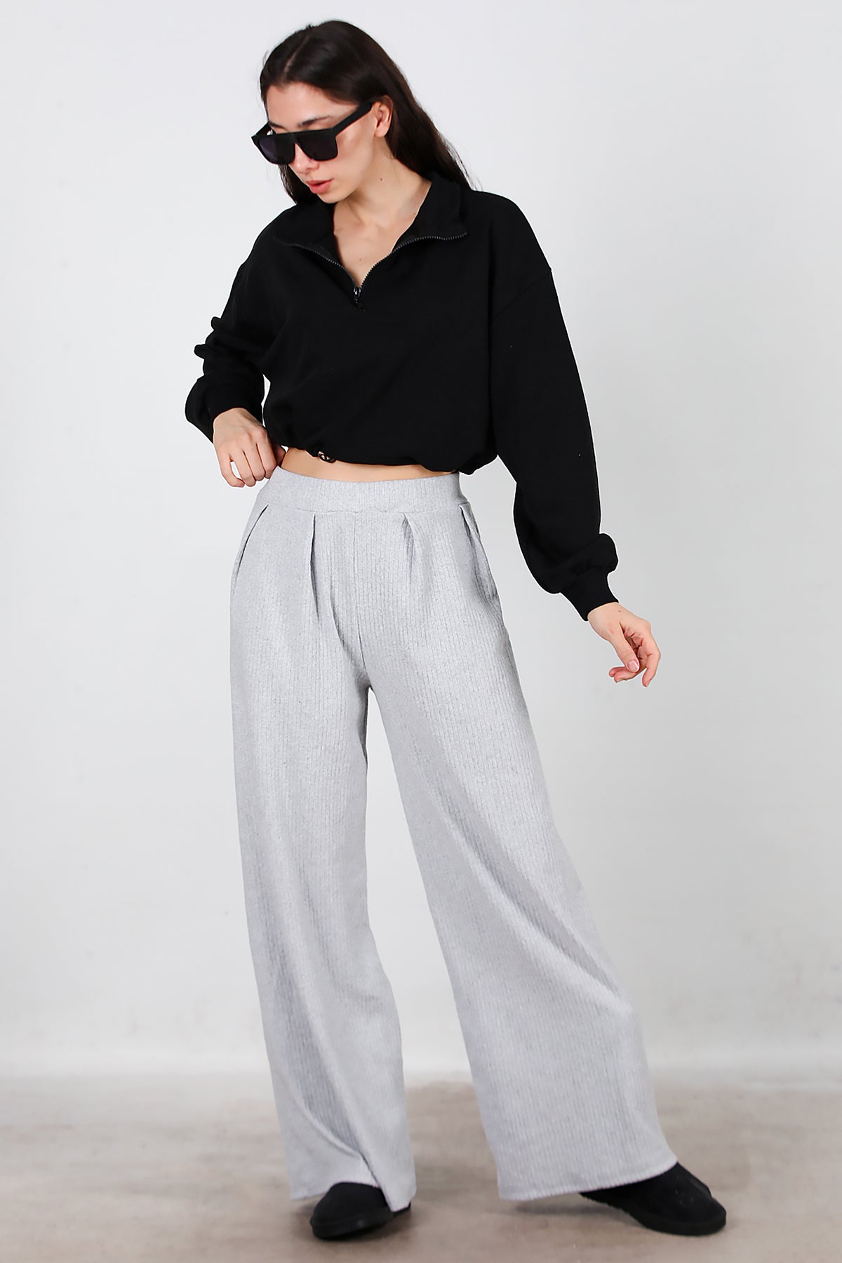 Kadın Selanik Bol Paça Pantolon Gri