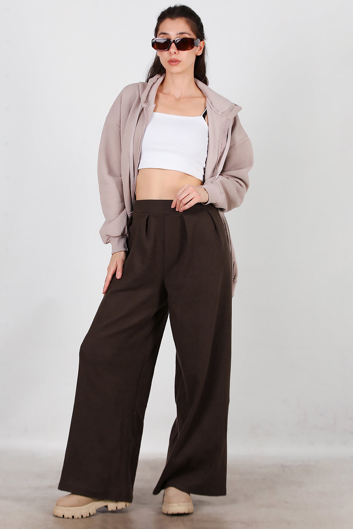 Kadın Selanik Bol Paça Pantolon Kahverengi