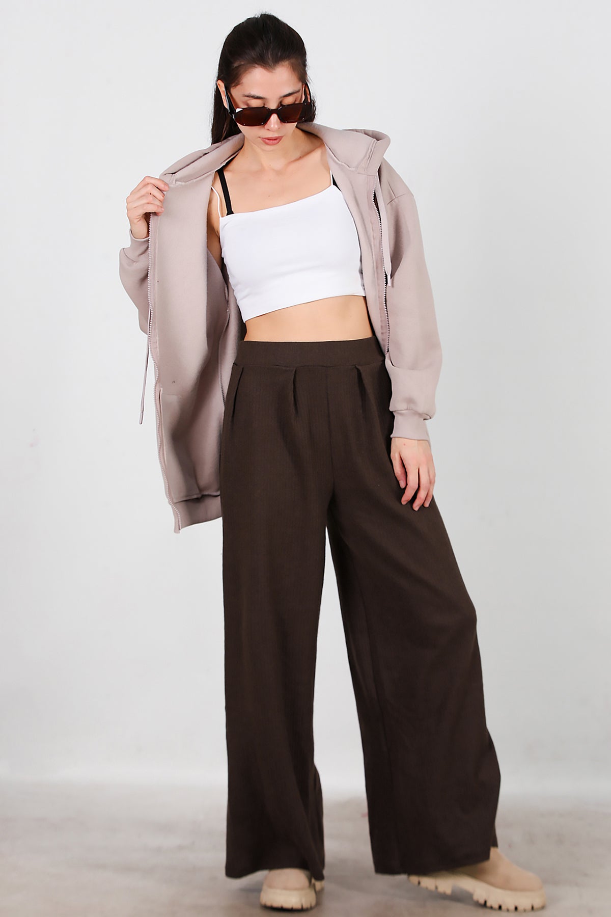 Kadın Selanik Bol Paça Pantolon Kahverengi
