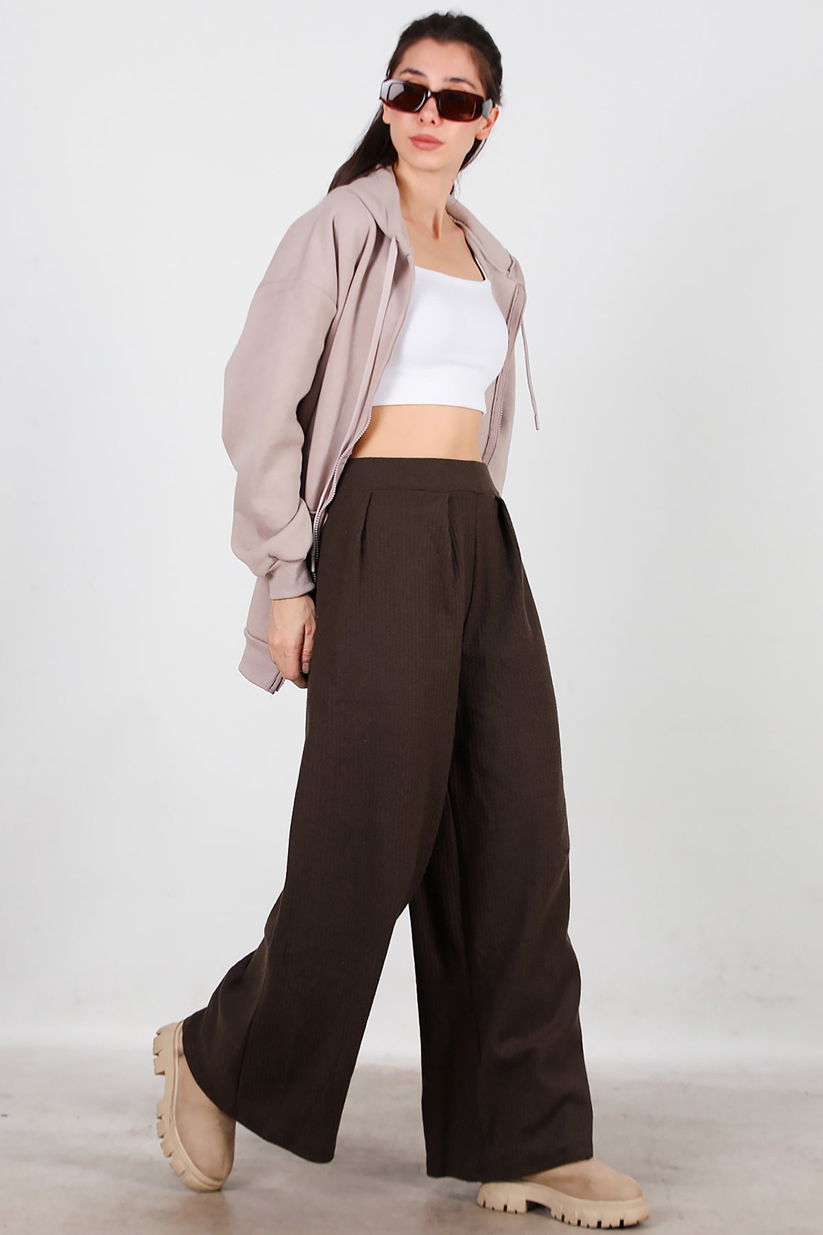 Kadın Selanik Bol Paça Pantolon Kahverengi