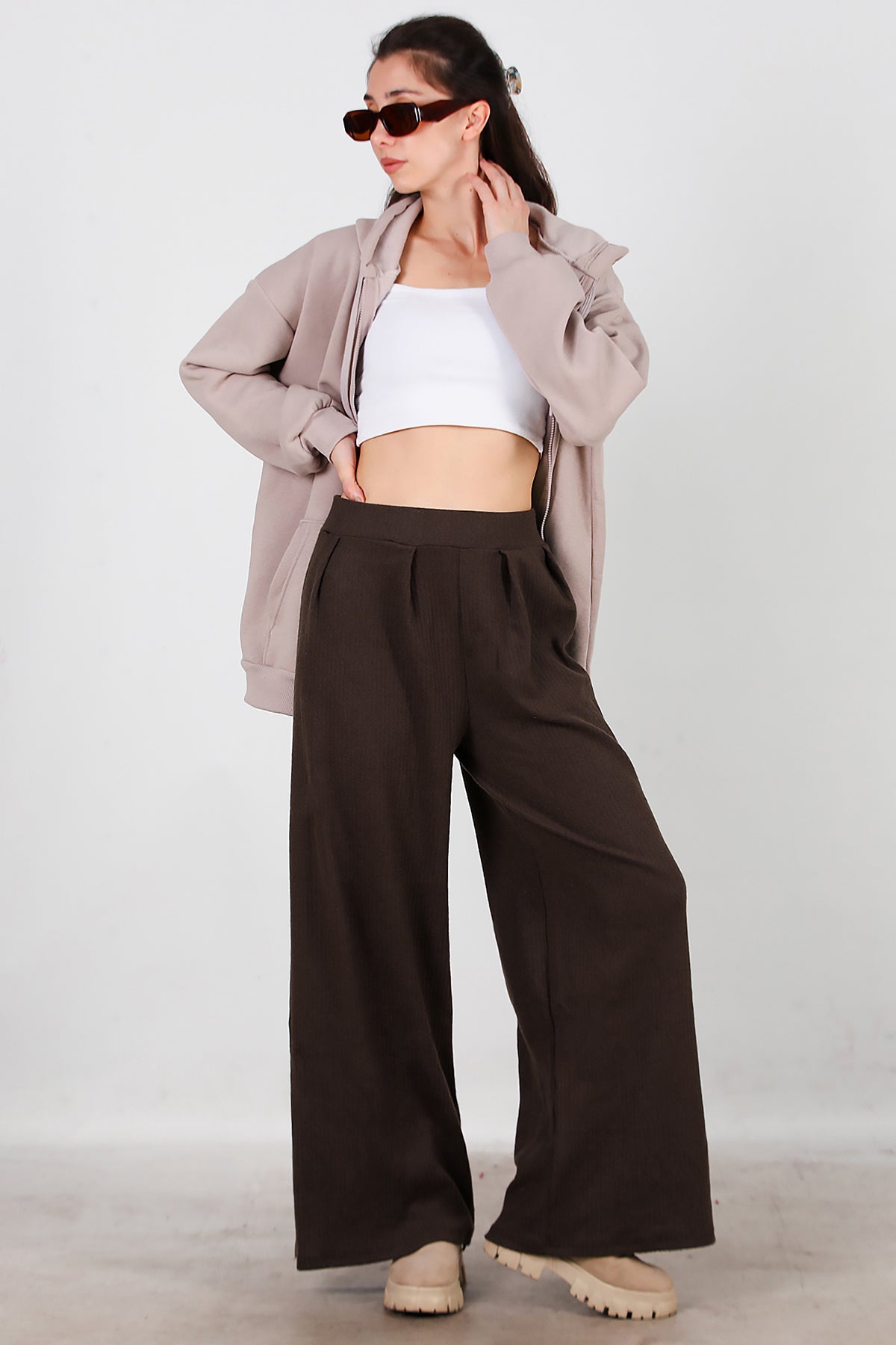 Kadın Selanik Bol Paça Pantolon Kahverengi