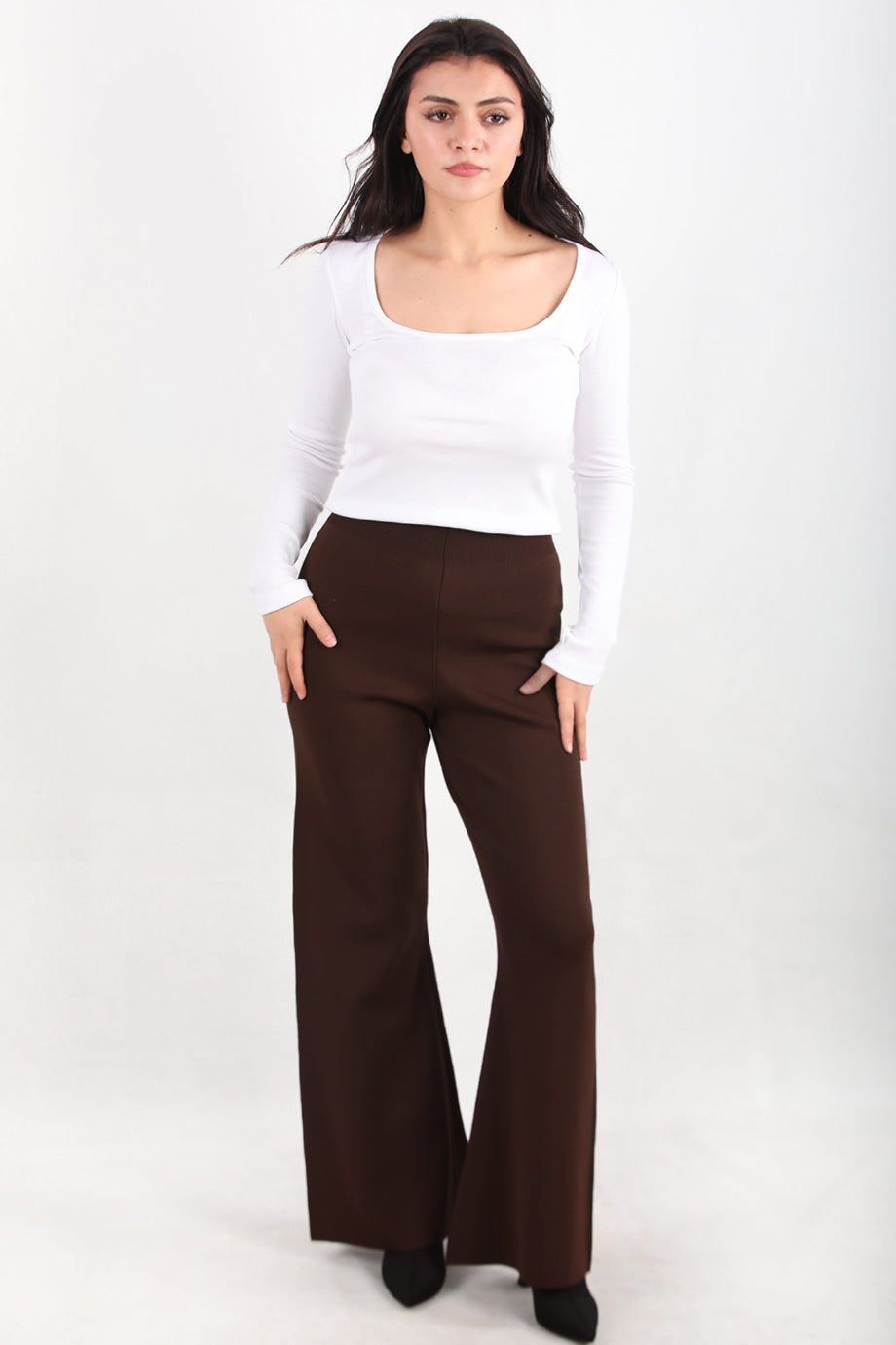 Flareknit  Kadın İspanyol Paça Triko Pantolon Kahverengi