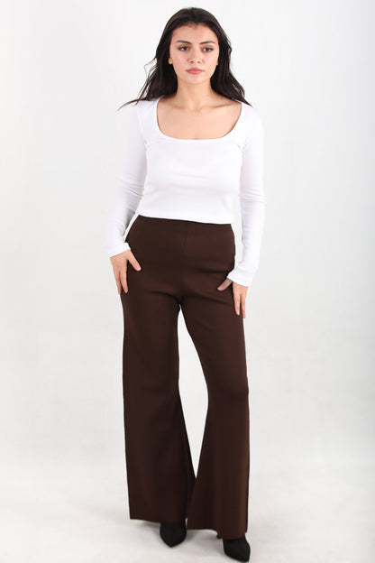 Flareknit  Kadın İspanyol Paça Triko Pantolon Kahverengi