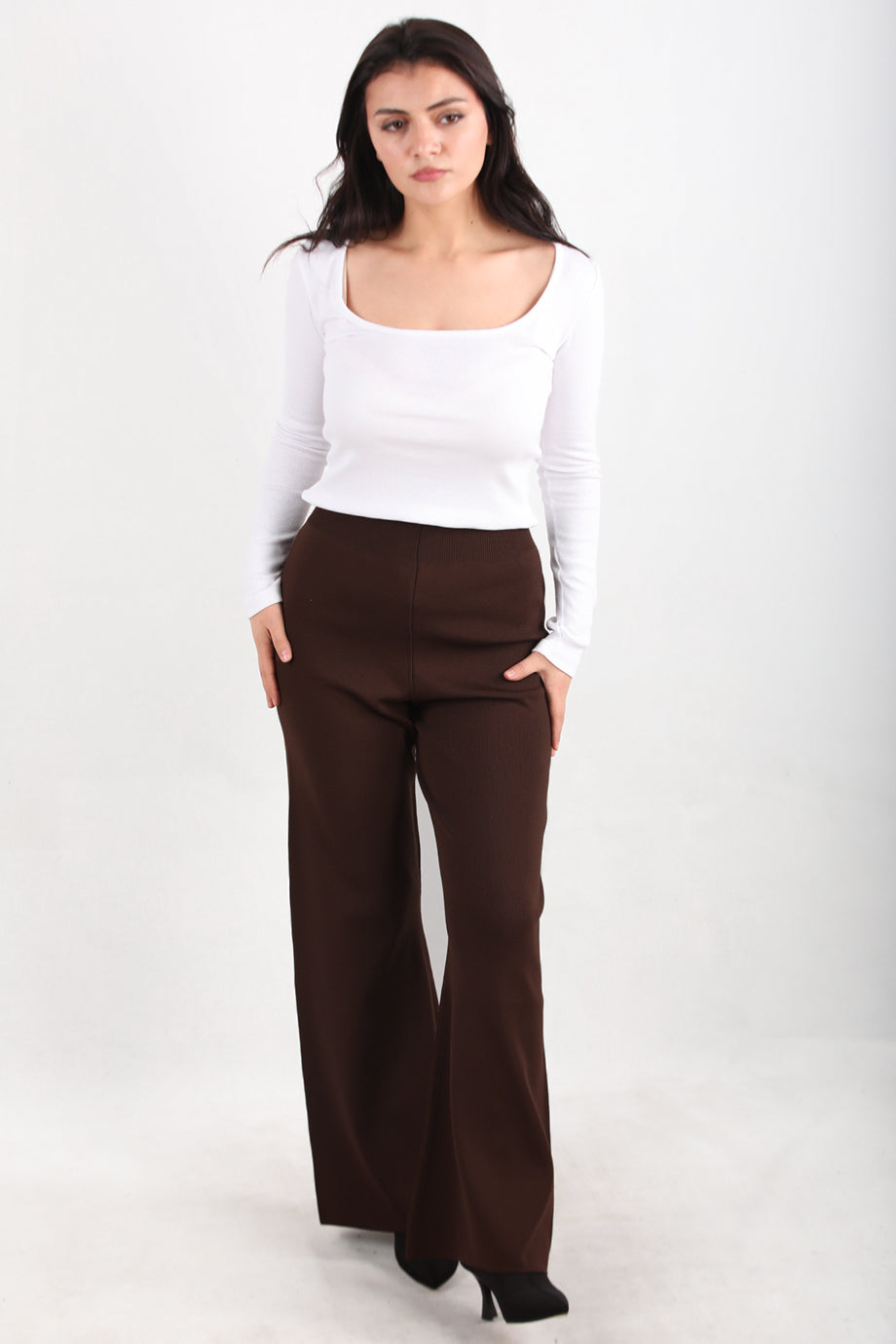 Flareknit  Kadın İspanyol Paça Triko Pantolon Kahverengi